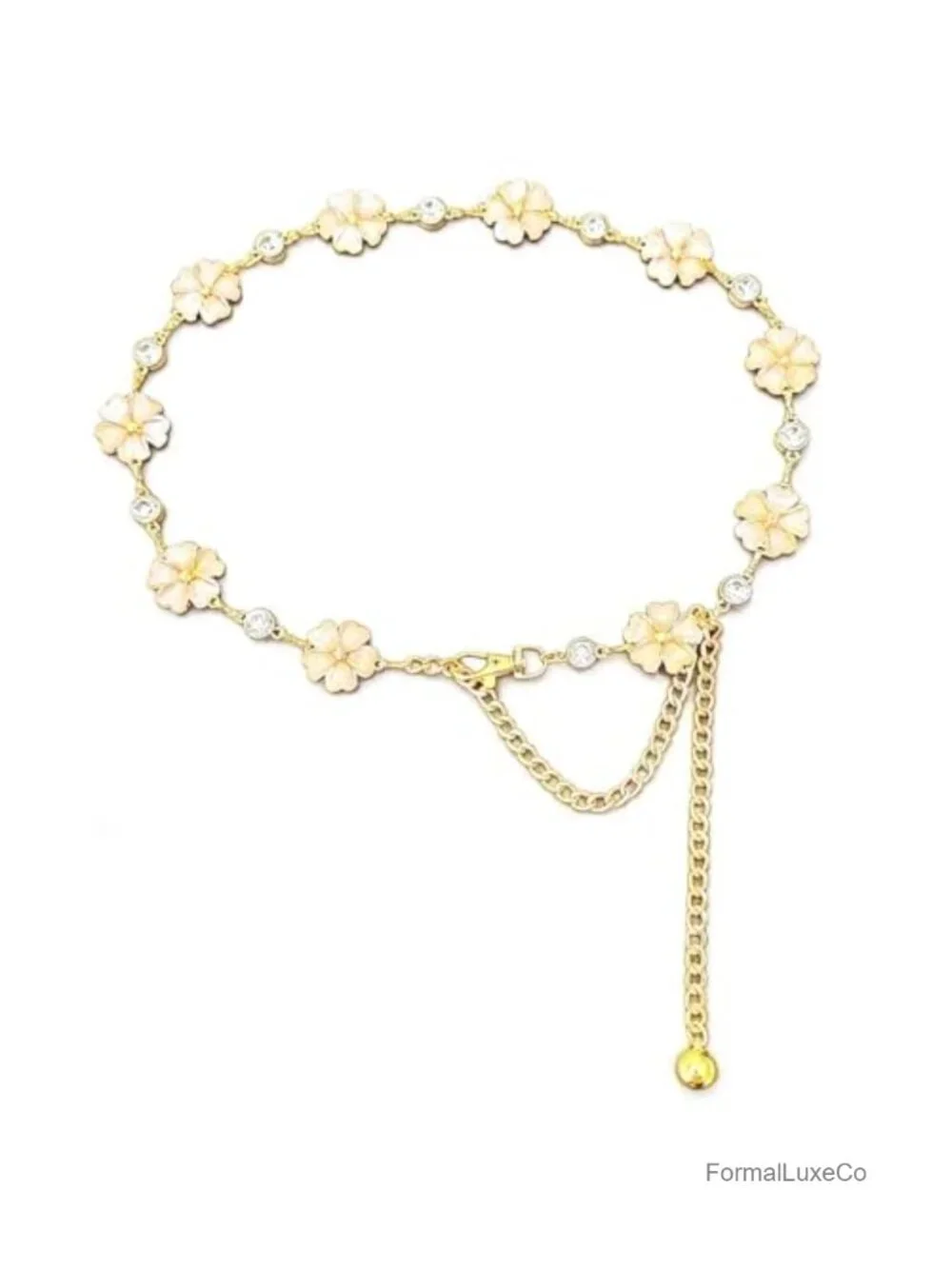 Boho Floral Crystal Chain Belt for Women, Gold Waist Belt, Adjustable Waist